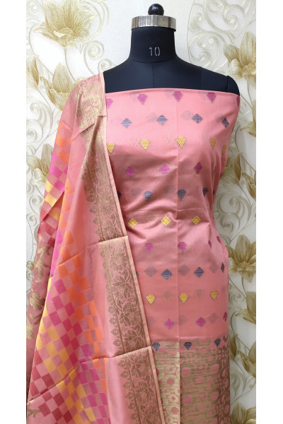 All Over Butta Weaving Peach Pink Silk Suit Fabric Set (SF35)